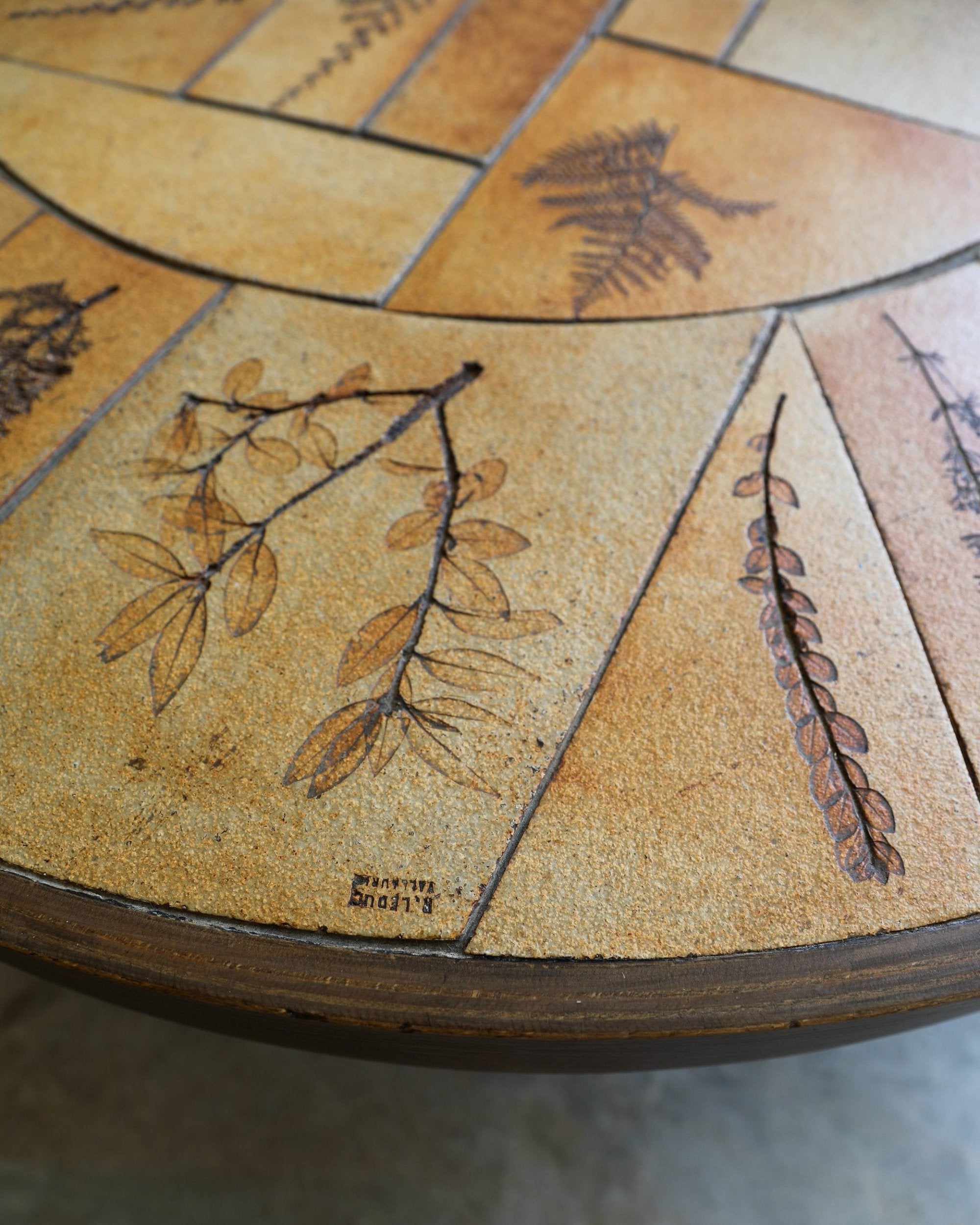 vintage french Raymonde Leduc Vallauris wood and handmade ceramic Coffee Table with leaf imprints marked and signed stamp detail