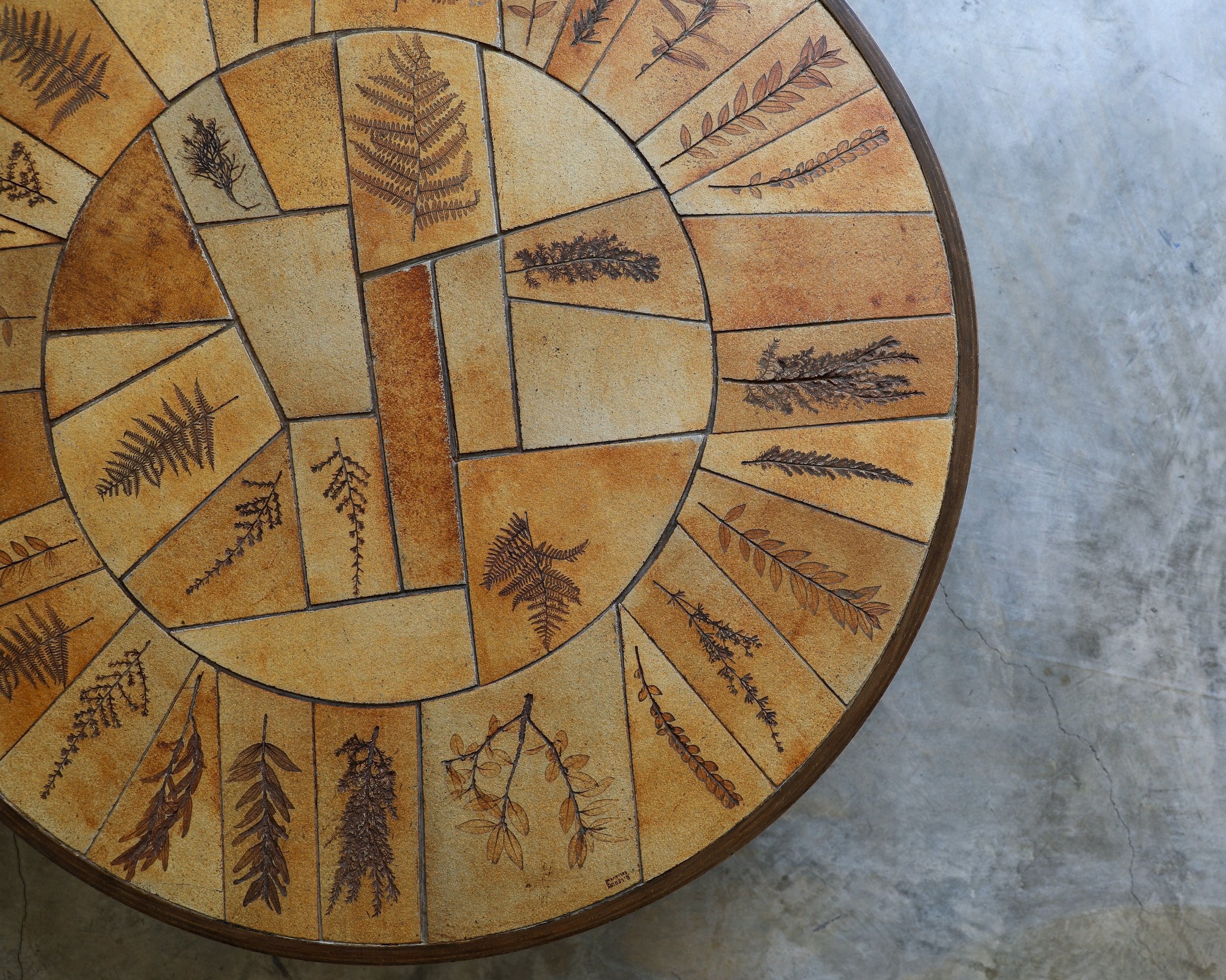 vintage french Raymonde Leduc Vallauris wood and handmade ceramic Coffee Table with leaf imprints marked and signed overhead with stamp detail