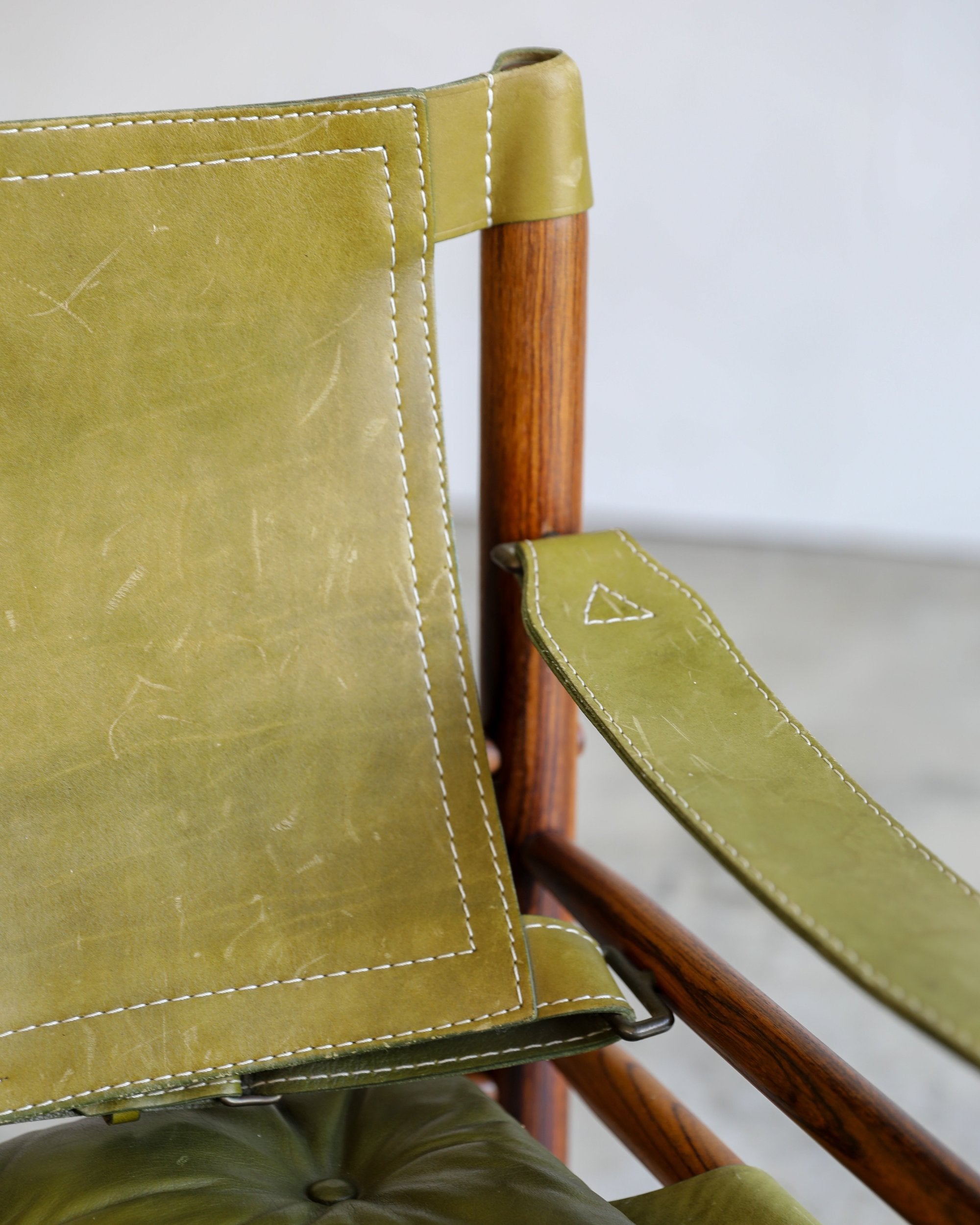 vintage swedish Arne Norell Sirocco Chair Pair in rosewood and original green leather upholstery back detail