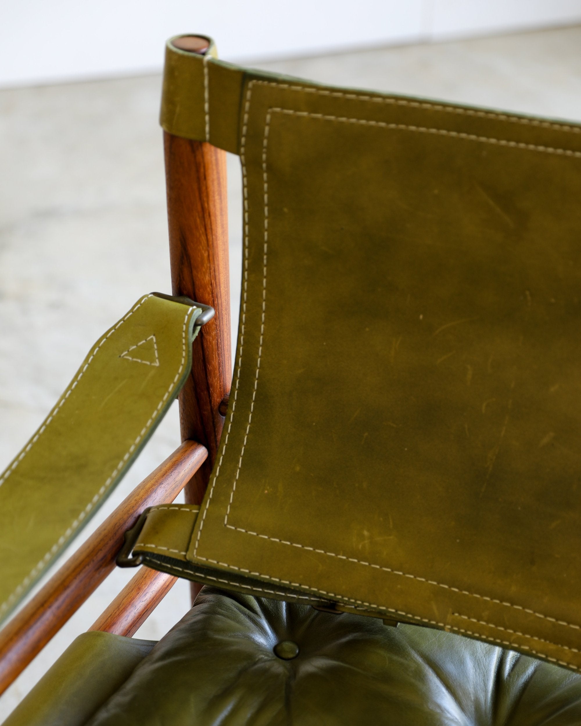 vintage swedish Arne Norell Sirocco Chair Pair in rosewood and original green leather upholstery back and arm detail