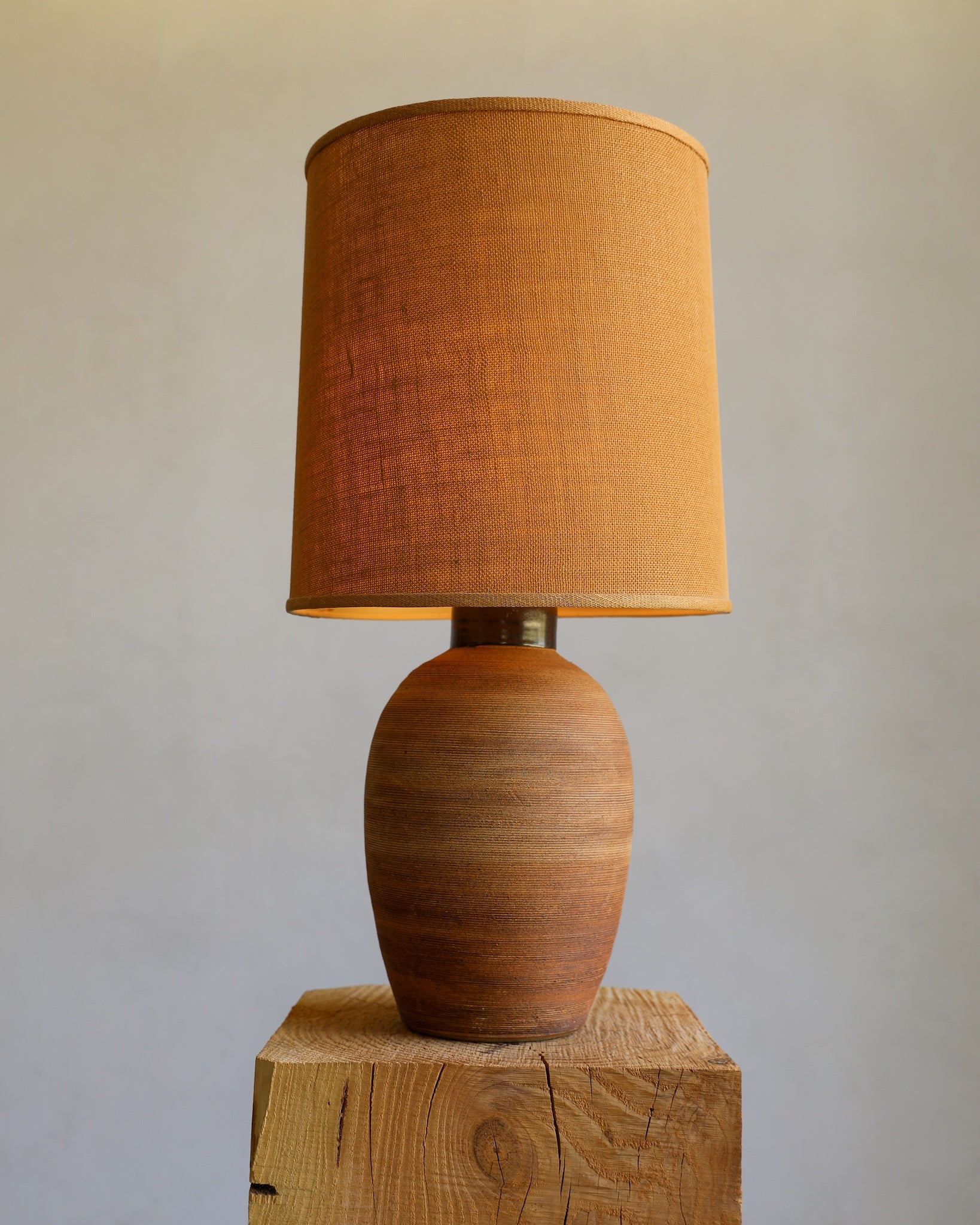 vintage textural ceramic terracotta lamp original ochre lampshade on detail