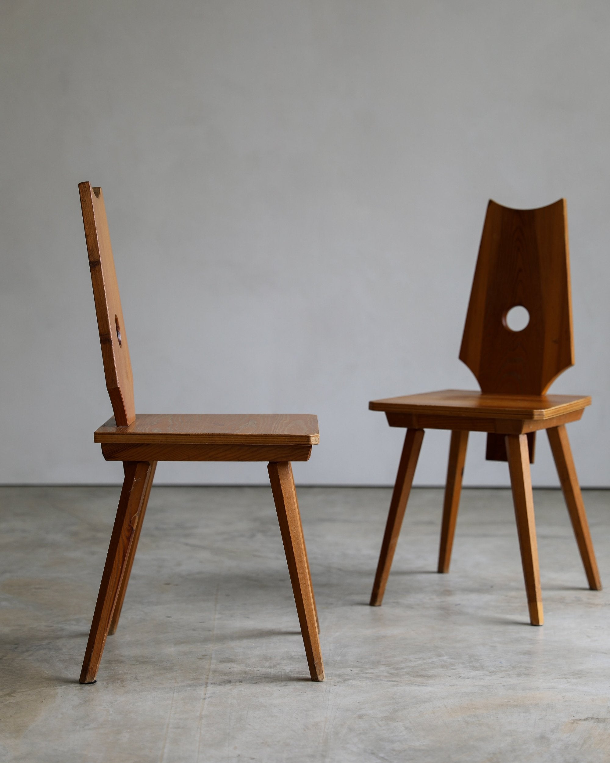 vintage mid-century carved wooden folk chair accent chair or dining chair pair side view