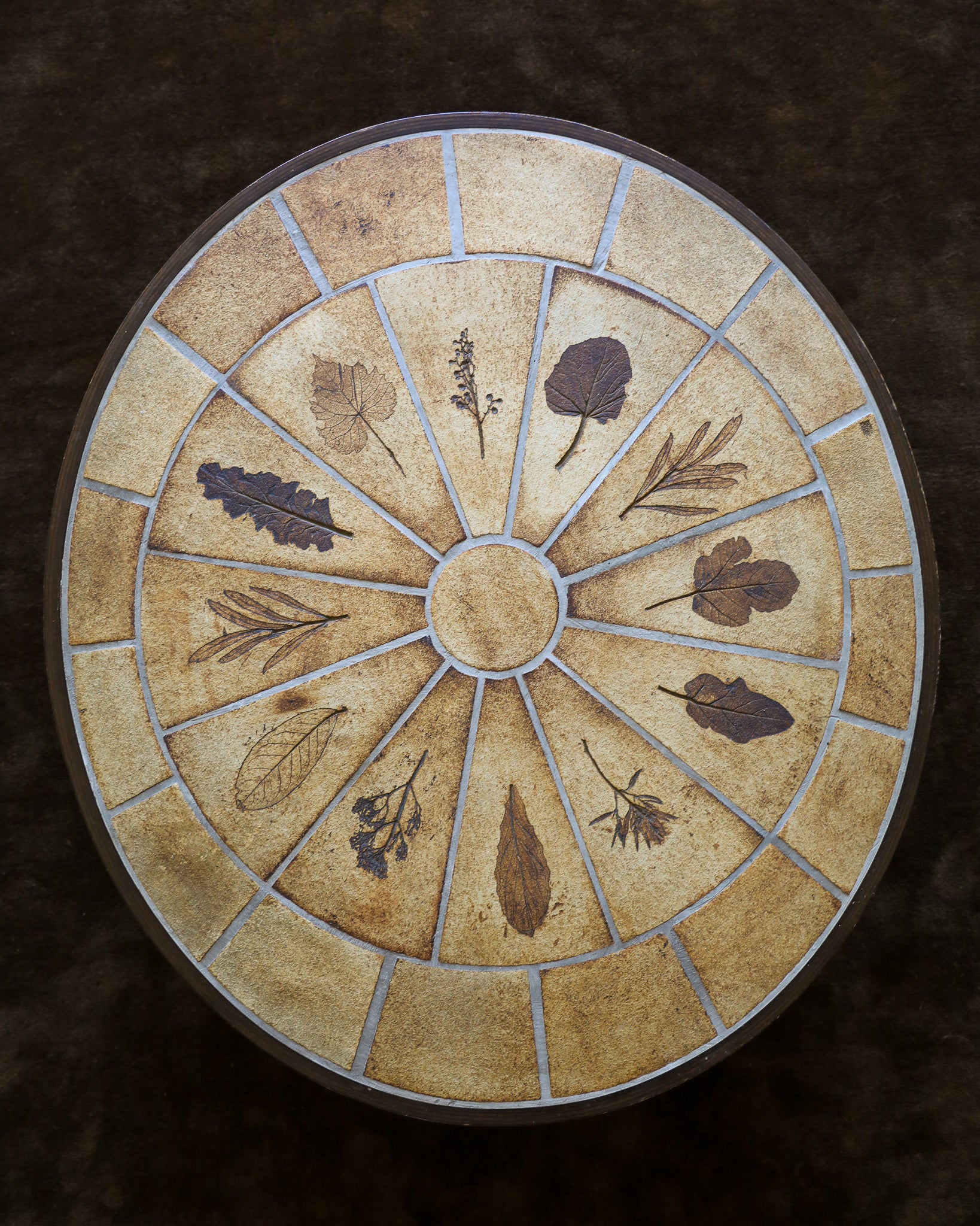 vintage french Roger Capron wood and handmade ceramic Coffee Table with leaf imprints marked and signed