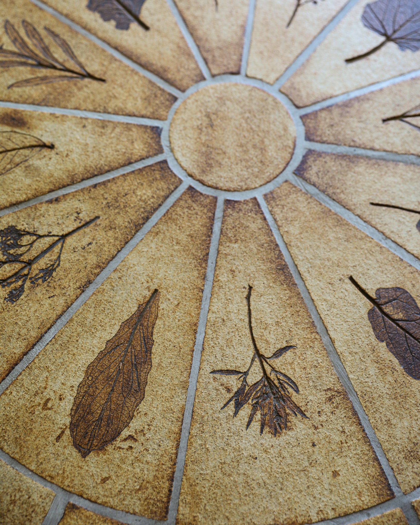 vintage french Roger Capron wood and handmade ceramic Coffee Table with leaf imprints marked and signed