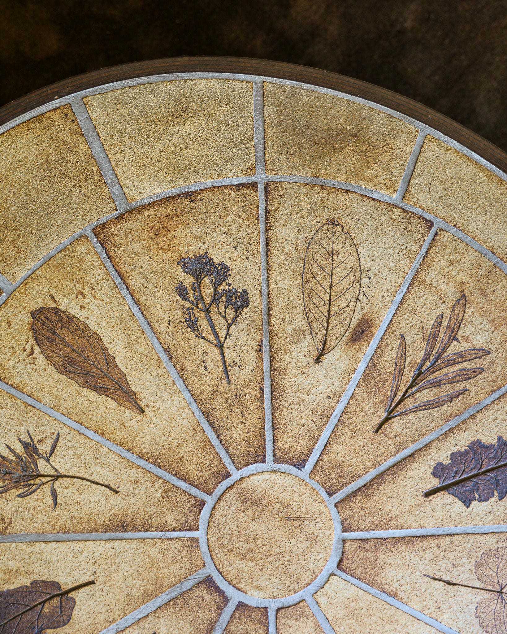 vintage french Roger Capron wood and handmade ceramic Coffee Table with leaf imprints marked and signed